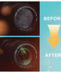 GlintFy lens wipes demonstration: two camera lens close-ups labeled Before and After on a teal panel with a yellow arrow.
