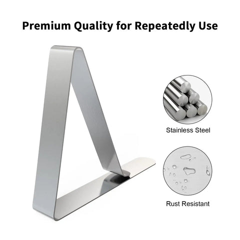16 Pack Heavy Duty Tablecloth Clips Stainless Steel Clamps For Outdoor Use, showing a clip with rust-resistant stainless steel material.