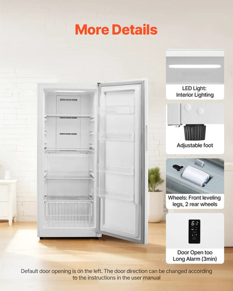17 Cu Ft Frost Free Upright Freezer And Convertible Refrigerator With Auto Defrost showing LED light, adjustable foot, and shelves.