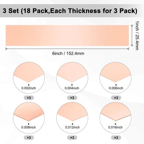 Copper Shim Strip Set of Three 6 Inch By 1 Inch Flat Bar Stock With 0.002 0.004 0.006 0.008 0.012 0.016 Inch Thickness