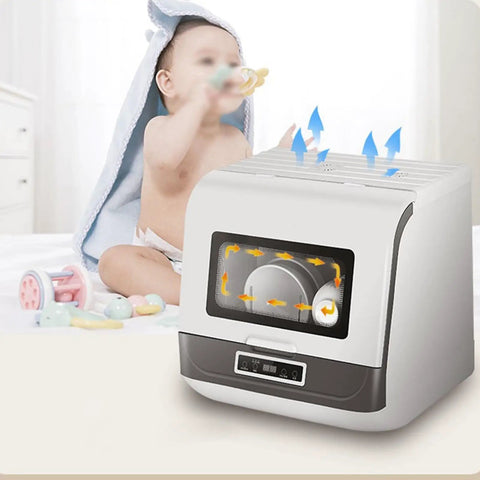 Fully Automatic Countertop Dishwasher With Ultrasonic Scrubbing And Auto Dry, compact size, visible controls, and ultrasonic wash feature.