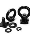 Heavy Duty Eight Pack M8 T Slot Track Tie Down Anchors Black Coated Stainless Steel Eye Bolts With Flat Fender Lock Washers displayed on a white background.