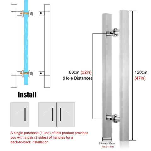 Diagram of Push Pull Door Handle for Sliding Barn Doors Slick Modern Square H Shape Silver Finish 120 Cm 47 In Durable Stainless Steel Construction.