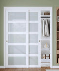 White Frosted Glass Sliding Barn Door Kit For 60 By 80 Inch Openings Dual 31 Inch Panels With Five Lite Glass Bypass Closet Door