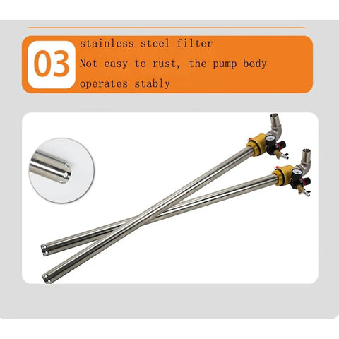 GFSGHZZ Stainless Steel Pneumatic Oil Transfer Pump boasting 130L/min flow for rapid diesel and chemical dispensing. Equipped with precise digital pressure gauge, safety valve, and robust 0.8 Mpa working pressure. Ideal for heavy duty drum pumping tasks
