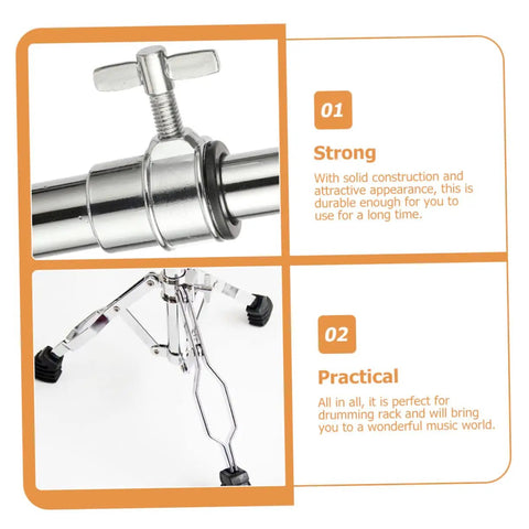 Rock Solid Heavy Duty Snare Drum Stand Adjustable Portable Alloy Rack With Quick Release Storage Shelf For Gig Ready Bands angles showcasing durable clamps and legs.