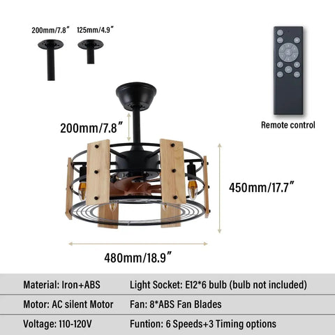 Caged Ceiling Fan With Lights Remote Control 18 Inch Low Profile Flush Mount Farmhouse Fandelier black metal and wood.