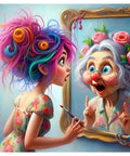 Young woman with colorful hair looks at her older reflection in the mirror, both surprised, wearing a floral dress.
