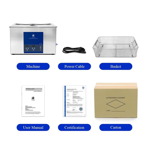 30L Ultrasonic Cleaner With 600W Power And 40KHZ Frequency For Deep Engine Parts Auto Component PCB Piston Oil Rust Removal Machine components including machine, power cable, basket, user manual, certification, and carton.