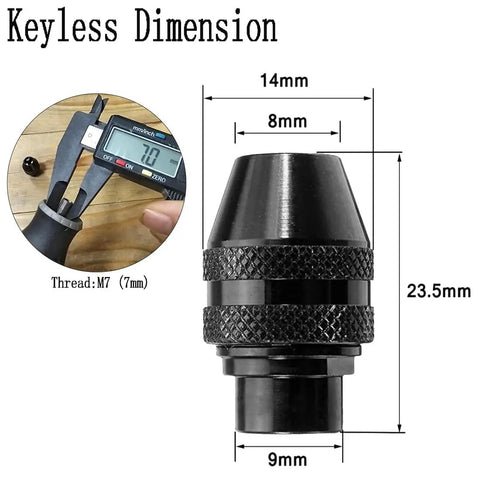 Diagram of Ten Piece Rotary Collet Nuts Set for Rotary Tools With 3 Jaw Quick Change Keyless Clamping Chuck showing dimensions.