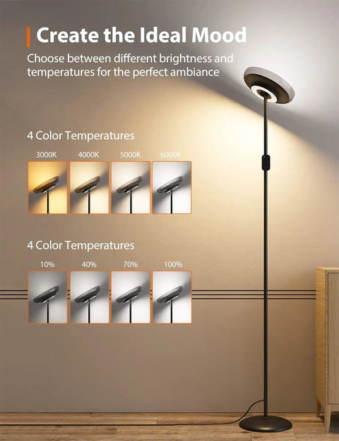 2-In-1 Floor Lamp With Main Light And Reading Lamp, Color Temperature From 3000K To 6000K, 30W Main Light And 15W Reading Lamp, Independent Controls, 1-Hour Timer, Black Home Vibe