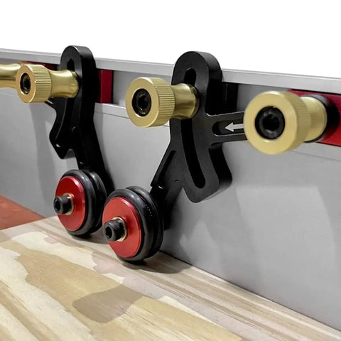 One Way Feeder Stock Guide With Anti Rebound Safety Push Block For Table Saws Featuring Adjustable Miter Sliders close-up of roller mechanism