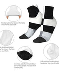 Black And White Checkerboard Straight Tube Socks Crafted From Buttery Soft Polyester For Elite Breathability And Quick Dry Comfort A Dead Set Classic For The Daily Grind Or Weekend Chill Sessions, showing elastic rubber band and cushioned toe.