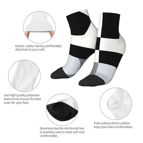 Black And White Checkerboard Straight Tube Socks Crafted From Buttery Soft Polyester For Elite Breathability And Quick Dry Comfort A Dead Set Classic For The Daily Grind Or Weekend Chill Sessions, showing elastic rubber band and cushioned toe.