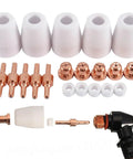 Top Tier Plasma Cutter Consumables And Spares Kit With 100 Electrodes Plus Nozzles For PT31 CUT30 40 50 Torch, includes copper electrodes and ceramic nozzles.