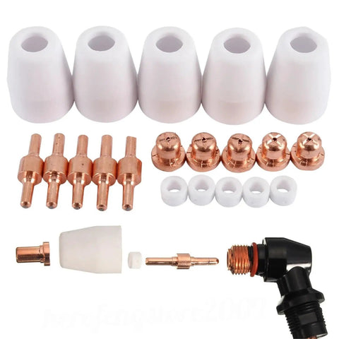 Top Tier Plasma Cutter Consumables And Spares Kit With 100 Electrodes Plus Nozzles For PT31 CUT30 40 50 Torch, includes copper electrodes and ceramic nozzles.