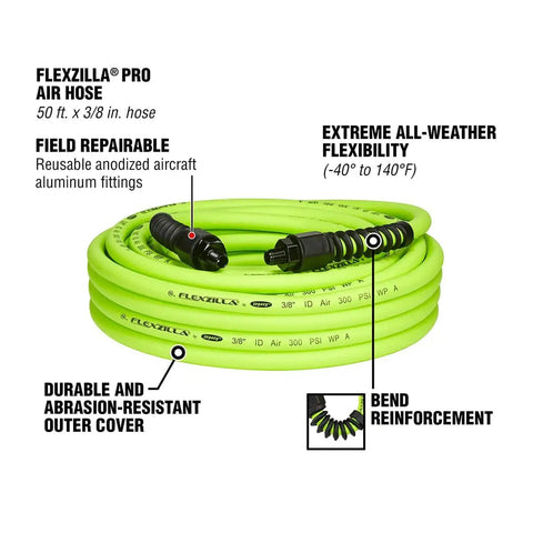 Heavy Duty 3/8 Inch Air Hose 50 Ft Lightweight Hybrid Polymer All Weather Flex From -40 To 140 Degrees Field Repairable Aluminum Fittings Abrasion Resistant Outer Cover Crush Resistant Ends ZillaGreen