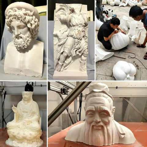 Sculptures made with an Industrial Grade Large Format 3D Printer For Production Use, showcasing intricate designs and large scale output.
