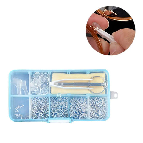 Self Repairing Glasses Kit Eyewear Maintenance Tool For Sunglasses And Eyeglasses DIY Ready Easy To Install Accessories For Quick Repairs Nose Pads And Replacement Parts in blue case