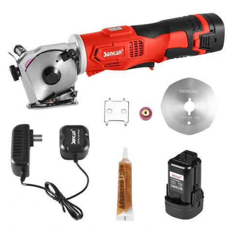 Cordless Rotary Fabric Cutter For Leather And Carpet Ultra Fast 880 RPM Electric Scissors Cuts Up To 1 Inch Thick Includes 2 Blades And 14.4V Battery A Real Beast For Easy Multi Layer Cutting No Mess Lightweight And Powerful with accessories.