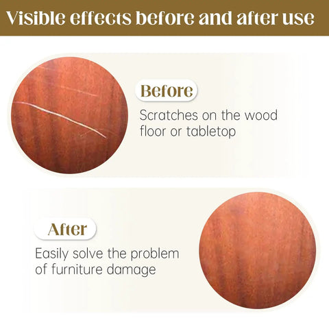 Before and after comparison of No Sweat Wood Filler Sticks For Fast Scratch Repair Wax Crayons for wood surfaces.