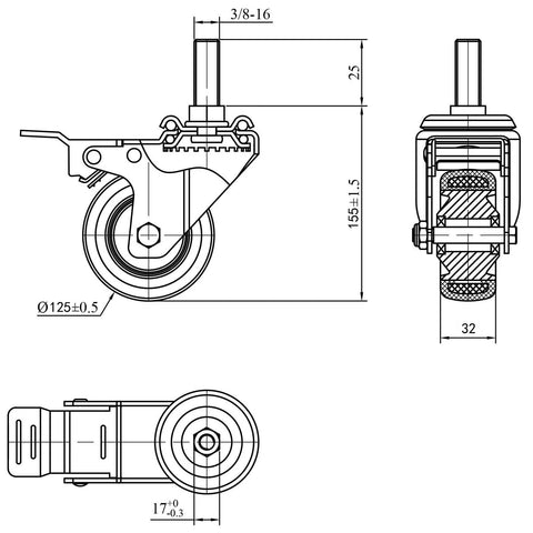 5-inch swivel caster with brake and 3/8-16 threaded stem; polyurethane wheel shown in front, side, and top views