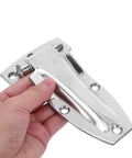 Hand holding Beefy Heavy Duty Stainless Steel Hinge for box trucks and cargo containers, showcasing its robust design.