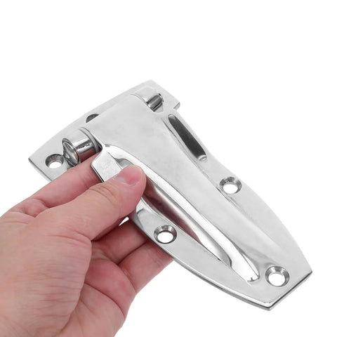 Hand holding Beefy Heavy Duty Stainless Steel Hinge for box trucks and cargo containers, showcasing its robust design.