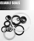 Seventeen Piece Floor Jack Seal Kit For 3 Ton Hydraulic Jacks With O Ring Seals And Oil Filler Plug Complete Rubber Sealing Rings Replacement Set For Floor Jacks arranged on surface.
