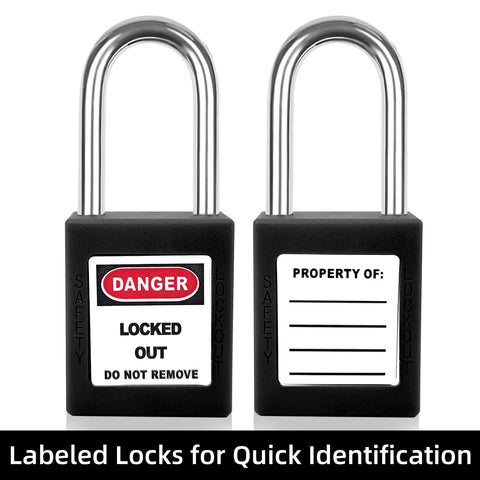 Solid As A Rock Five Piece Keyed Different Lockout Tagout Safety Padlock Set Black OSHA Approved Pads With Heavy Duty Stainless Shackle For Hard Hat Work Sites And Reliable Gear Lockdown