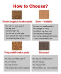 Comparison chart of resin, semi-metallic, polymetal, and sintered brake pads for mountain bikes