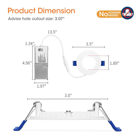 Meconard 6 Pack 3 Inch 5CCT LED Recessed Lighting, Canless Wafer Downlight dimensions, showing 3 inch cutout size.