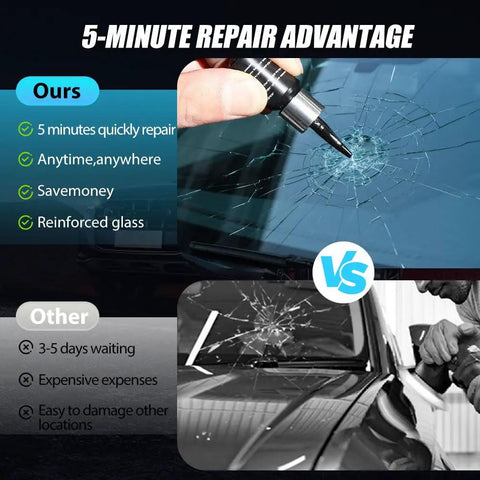 Windshield Repair Kit For Chips And Cracks, Fast 20 Minute Fix With Nano Fluid Filler, star-shaped crack repair demonstration.