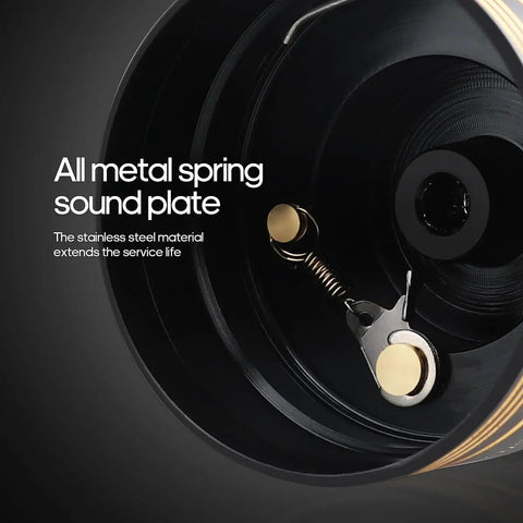 Close-up of all metal spring sound plate, part of All Around Spinning Reel For Freshwater And Saltwater Fishing, Budget Friendly Carbon Drag And High Speed Gear, Premium Bearings And Drive Gear, Metal Spool And Tough Handle, Great Value For Beginners And Pro Anglers.