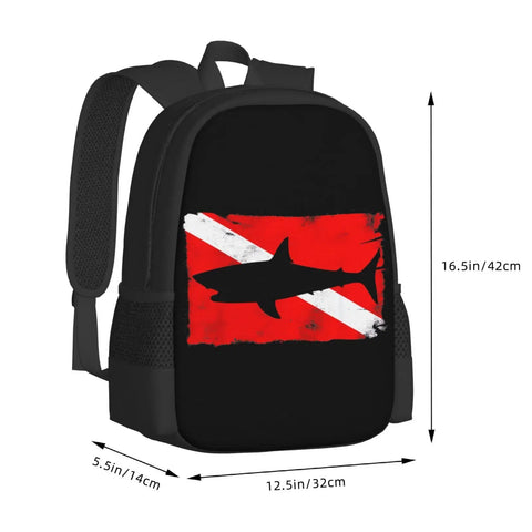 Vintage Shark Scuba Dive Flag Backpack For Unisex, black backpack with red shark print, 16.5in tall, durable polyester