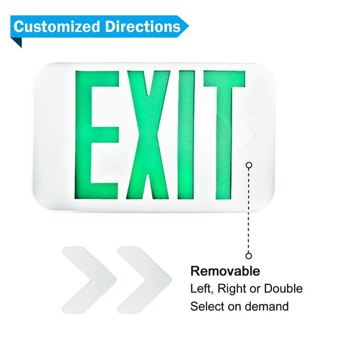 Slick Double Pack LED Exit Signs With Rock Solid Battery Backup, Hella Bright Green Exit Light For Indoor Hallways, hardwired exit sign with removable arrows.