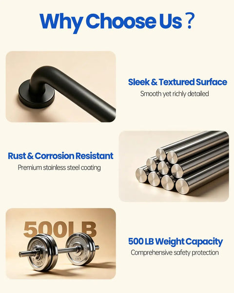 Built Like a Tank 12 Inch Black Stainless Steel Shower Grab Bars detail showing sleek surface and 500 lb weight capacity.