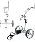 Heavy Duty Foldable Electric Golf Cart With Wireless Remote Dual Motors Rust Resistant Steel Frame Fits Snugly In Trunks showing three-wheel design.
