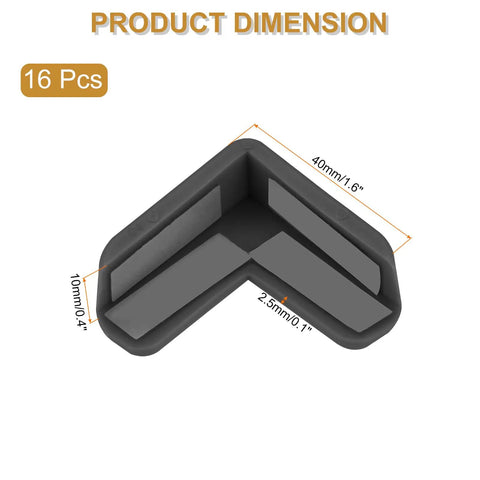 Heavy Duty L Shaped Corner Guards For Tables And Furniture, 16 Pack Soft PVC Edge Bumpers In Black, dimensions shown in diagram.