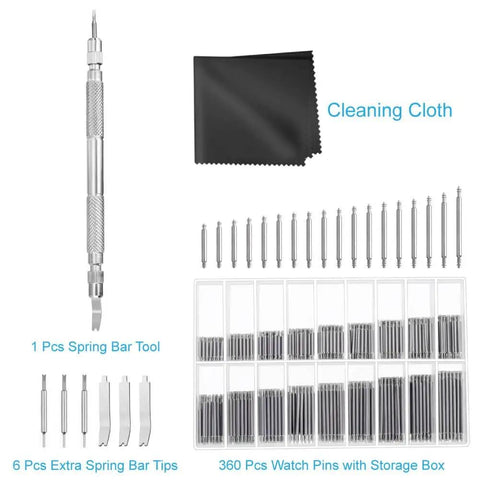 Watch Link Remover Kit Pro Grade With Spring Bar Tool And 360 Pcs Pins For Quick Watch Band Removal Replacement Pins And Band Repair Includes Extra Tips And Cleaning Cloth