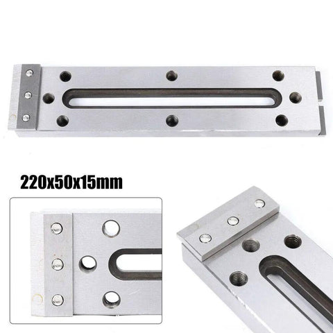 Heavy Duty Stainless Steel Wire Edm Fixture Board With Tough Precision Clamp Jig For Solid Machine Shop Layout Alignment Leveling And Secure Workholding Setup Rig, size 220x50x15mm, top view showing precision clamp and holes.