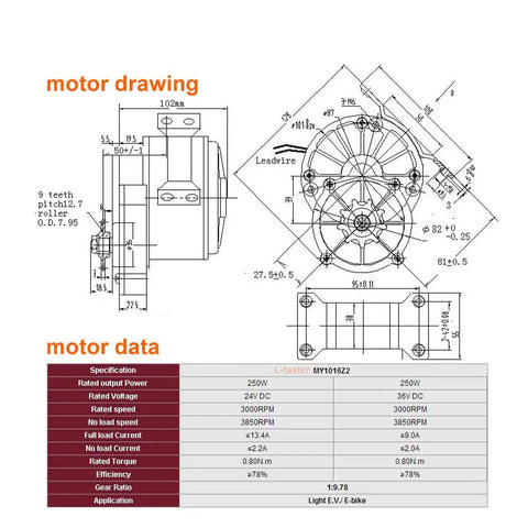 Motor specifications and drawings for the 24V dual drive electric conversion kit featuring a 250W motor.