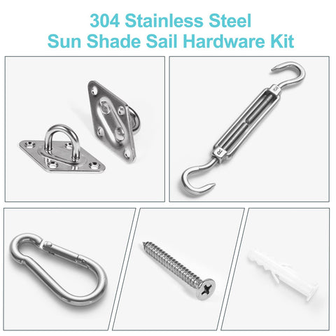 Heavy Duty Stainless Steel Sun Shade Sail Hardware Kit For Garden And Patio, screws and turnbuckles for triangle and square sails.