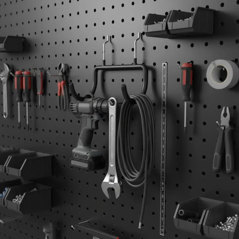 Heavy Duty Carbon Steel Pegboard Hooks For Garage Organization And Workshop Setup, matte black tool hangers on perforated board