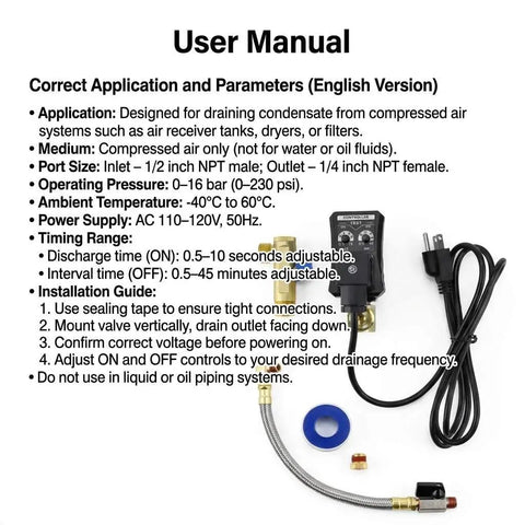 User manual for Automatic Timed Condensate Drain Valve Programmable Electric Air Drain with installation guide and parts.