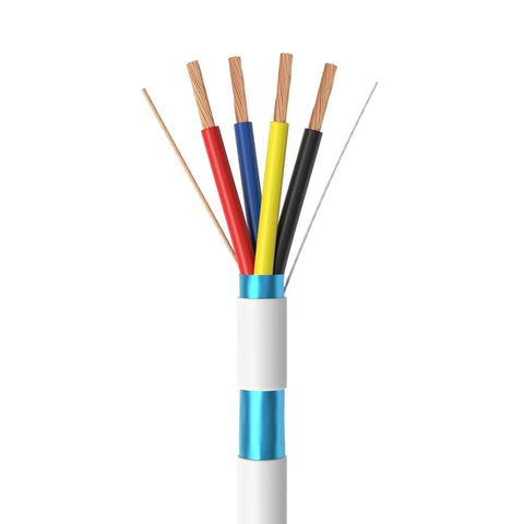 Budget Friendly 500ft 22 AWG 4 Conductor Alarm Cable CCA Shielded Wire for low voltage systems showing colorful internal wires