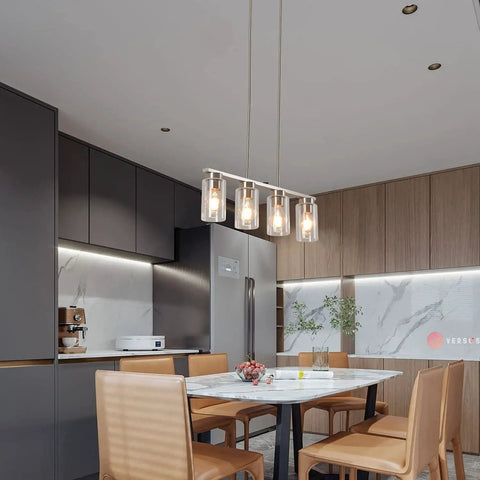 Modern Farmhouse Dining Room Chandelier With 4 Lights For Kitchen Island, Nickel Finish, Adjustable Height, E26 Base.