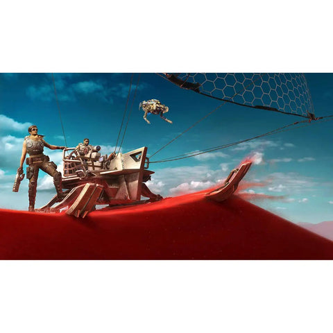 Certified Refurbished Xbox One S Rig Packed With A Huge One Terabyte Drive Featuring Sick Gears 5 Bundle Plus Dope Wireless Controller For Next Gen Living Room Setup And Major Backward Play Vibes featuring characters and vehicle in red sand.