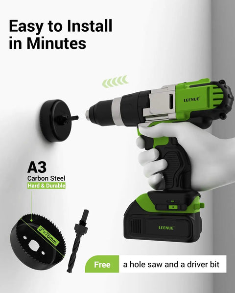 Wall Mounted TV Cable Management Kit With In Wall Pass Through And Drill Attachment showing drill and bits for easy installation