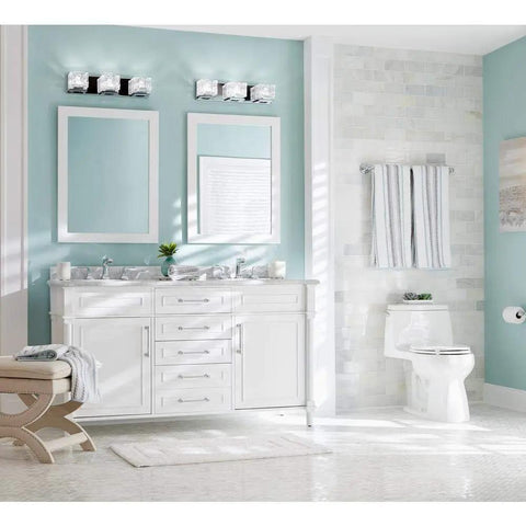 Bathroom with 3 Light Sleek Chrome Integrated LED Vanity Light With Clear Cube Glass over dual mirrors, white cabinets below